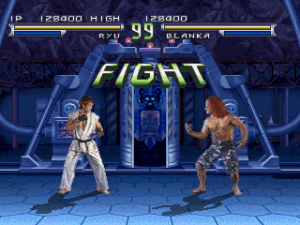 Ryu faces off against Blanka in the home version of Street Fighter: The Movie