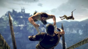 A pre-adamantium Wolverine lunges at a mercenary soldier.