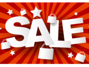 Red "Sale" banner with small shopping bags